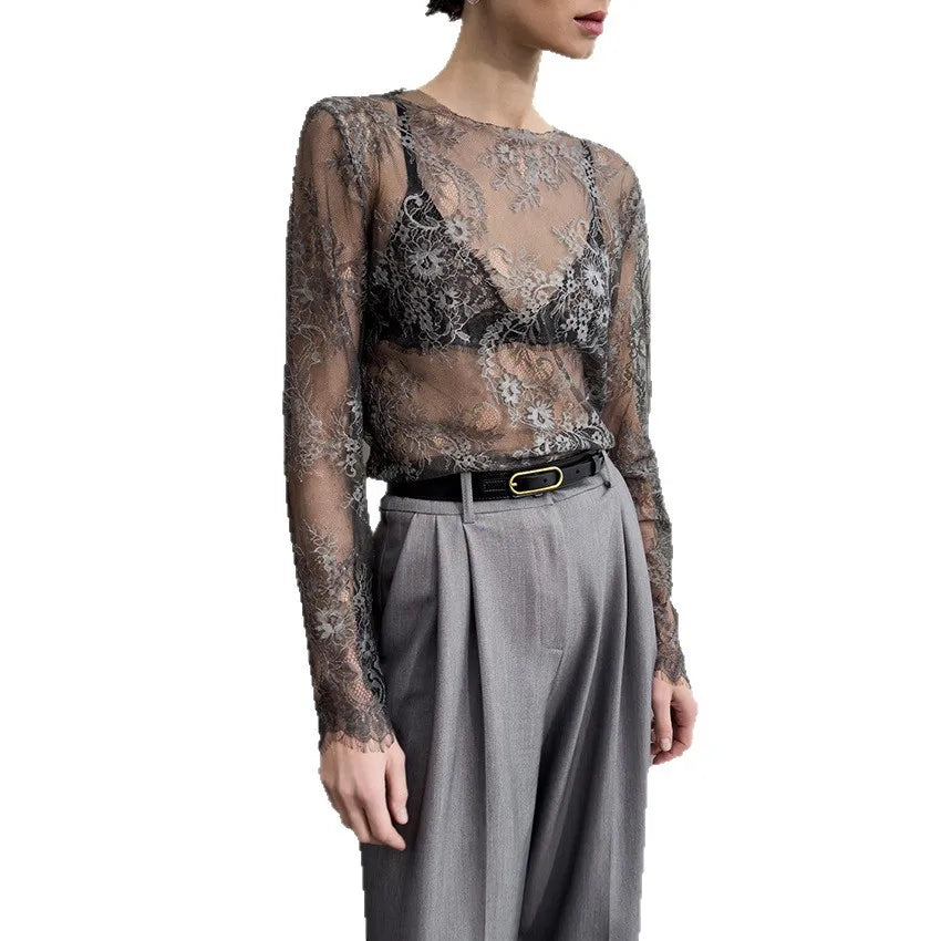 Women's Fashion Elegant Lace Hollow Out See Through Slimming Long Sleeve T Shirt Commuter Versatile Design Niche Mature Wear Top