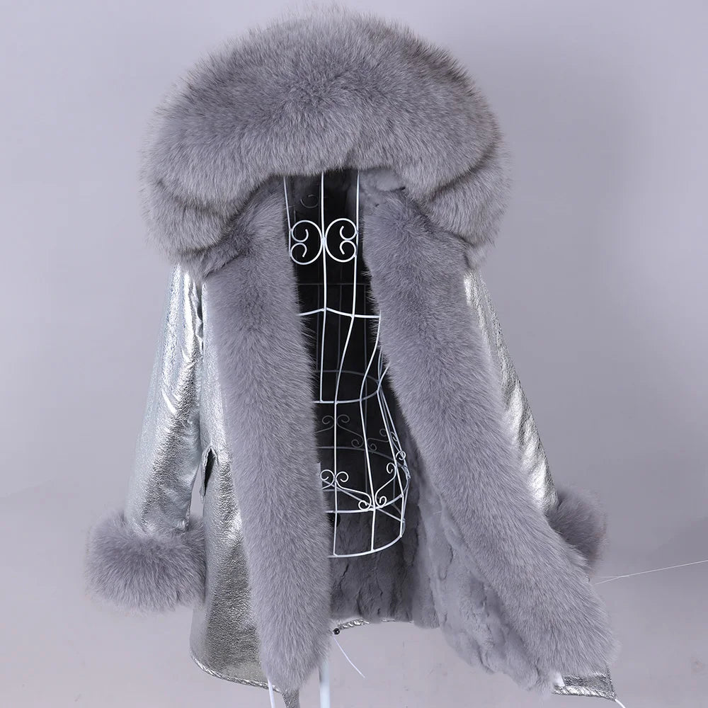 MAOMAOKONG 2026 Removable Real Fox Fur Collar Coats Woman Winter Jacket Hooded Rabbit Fur Lining Long Parkas Female Clothes