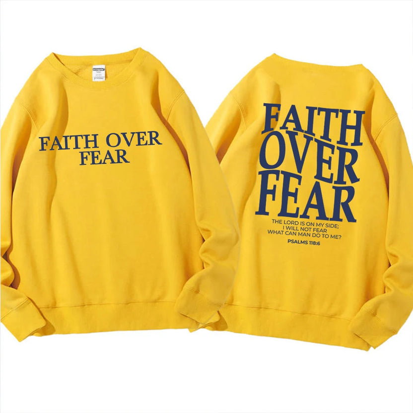 Bluza z napisem Faith Over Fear chrześcijańska bluza z kapturem modny sweter cytat z Biblii religijna bluza bez kaptura topy z motywem Jezusa i wiary