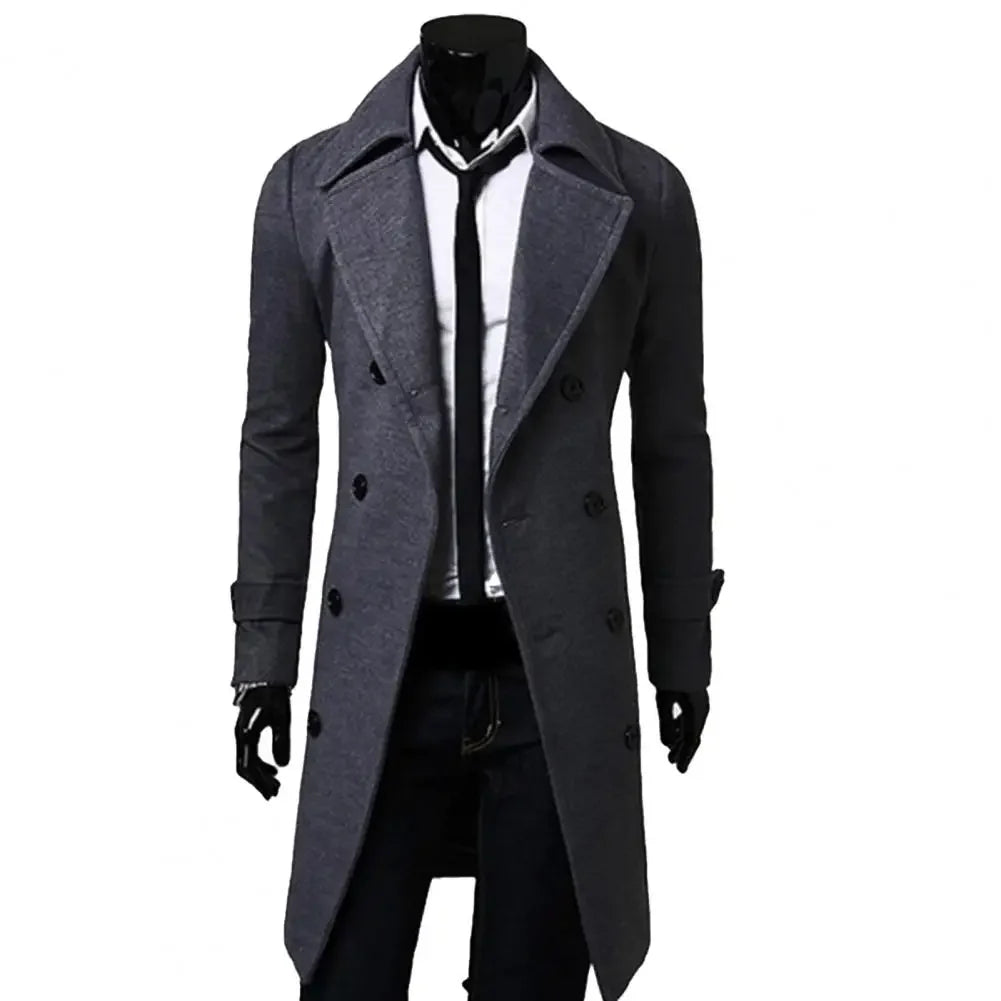 Simple Trench Coat  Double-Breasted Male Men Coat  Coldproof Pure Color Jacket