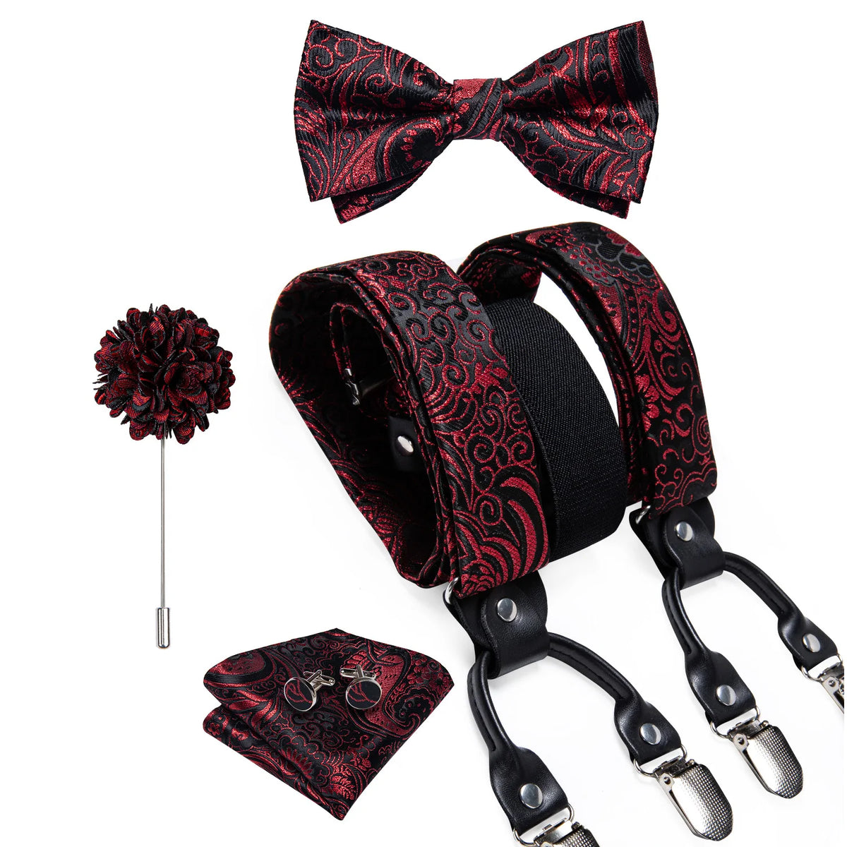 Luxury White Men's Suspenders Adjustable 6 Clips Braces DiBanGu Leather Metal Pre-Tied Bow Tie Brooch Pocket Square Set