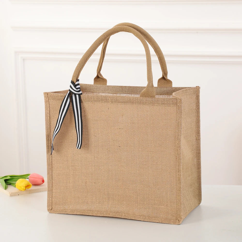 Women's Jute Tote Bag Large Capacity Shopping Bag Travel Storage Bag Open Mouth Men's Handbag