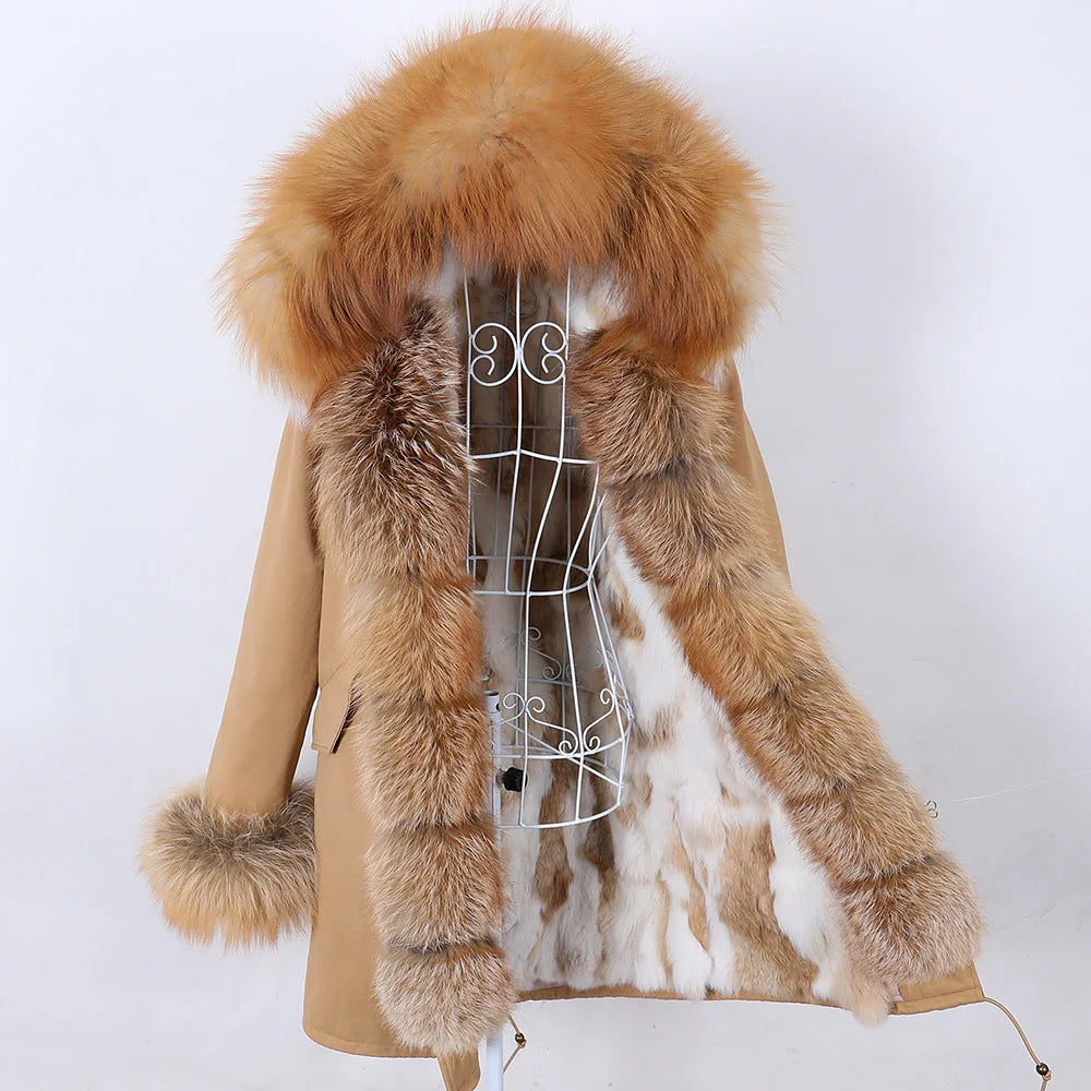 MAOMAOKONG 2026 Removable Real Fox Fur Collar Coats Woman Winter Jacket Hooded Rabbit Fur Lining Long Parkas Female Clothes