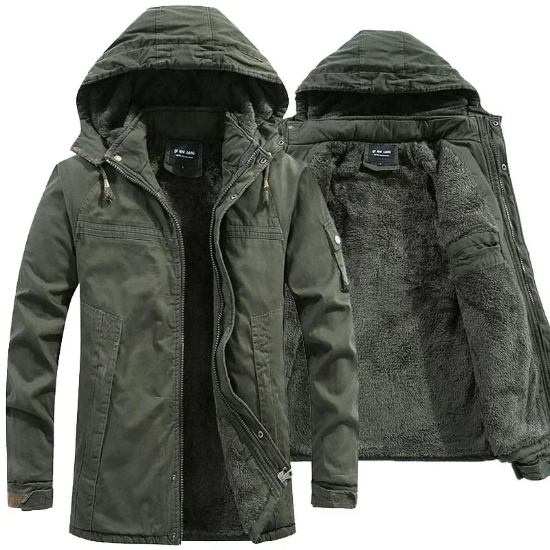 Męska kurtka parka w stylu militarnym, wiatroszczelna z kapturem, z bawełny typu washed, ocieplana grubym polarem, ciepła kurtka zimowa typu varsity w stylu casual, nowość