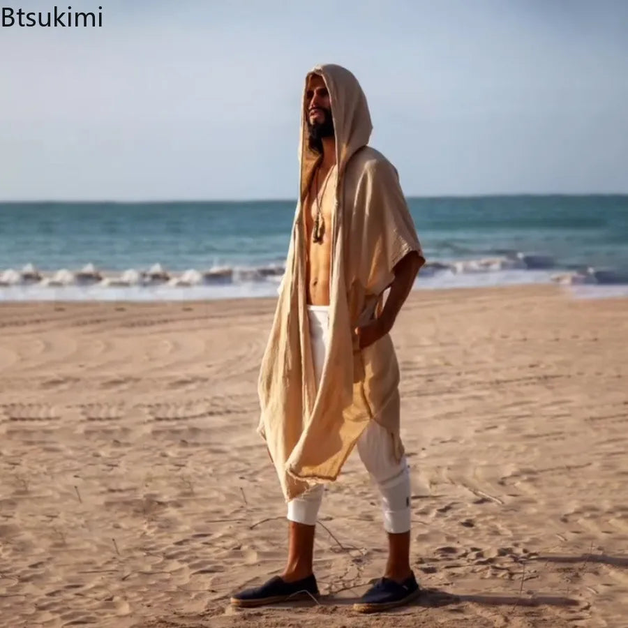 2026 Men's Summer Mid-Length Cardigans Loose Casual Sun Protection Clothes Beach Holiday Style Shawl Coat Male Long Hooded Cape