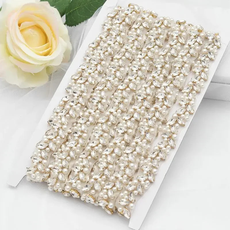 JLZXSY Pearl Beaded Handmade Rhinestone Applique Trim DIY Bridal Belt Iron Sew on Crystal Applique Trimming Wedding Accessories