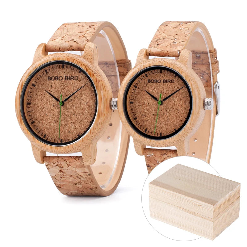 Relojes para parejas BOBO BIRD, relojes de madera, correa de corcho hecha a mano, reloj de bambú para mujer, de lujo en caja, logotipo personalizado, envío directo