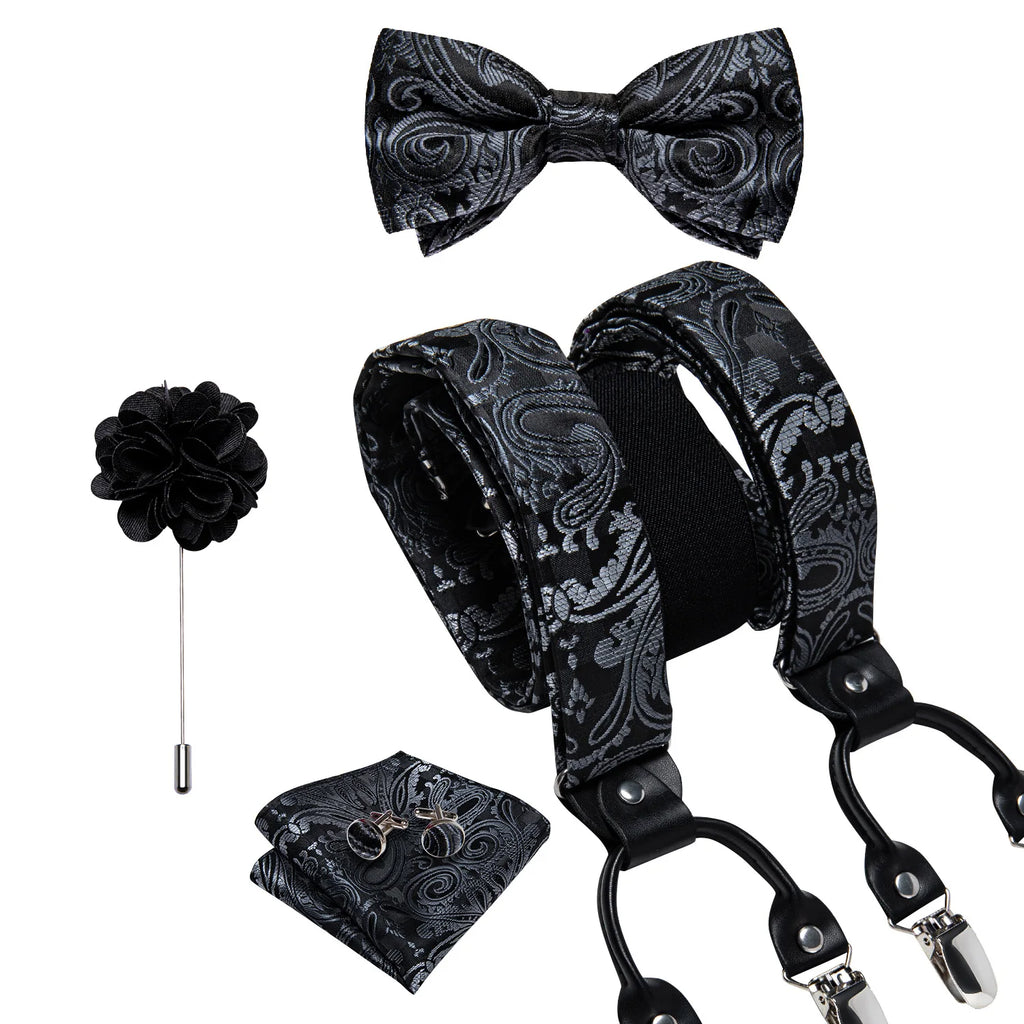 Luxury White Men's Suspenders Adjustable 6 Clips Braces DiBanGu Leather Metal Pre-Tied Bow Tie Brooch Pocket Square Set