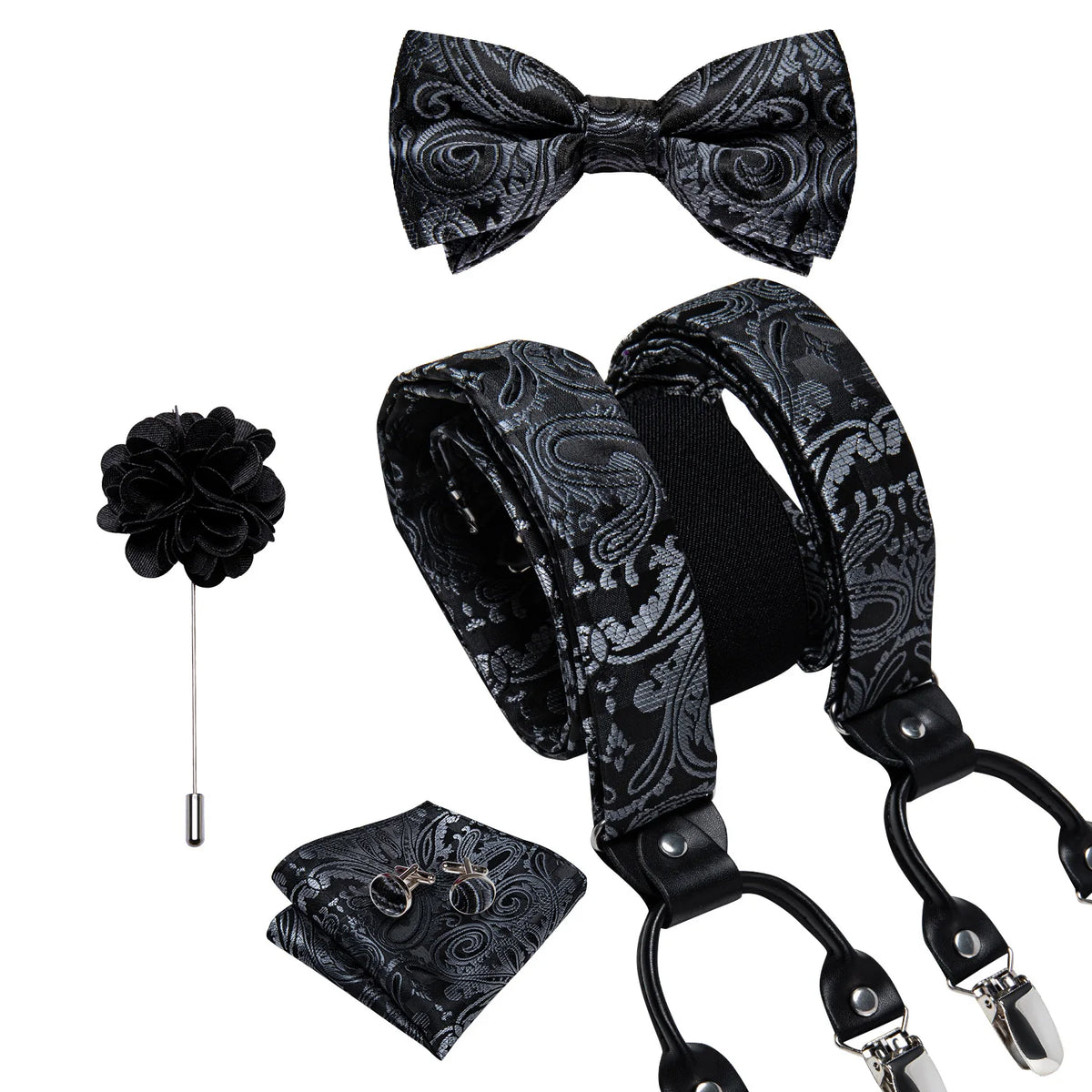 Luxury White Men's Suspenders Adjustable 6 Clips Braces DiBanGu Leather Metal Pre-Tied Bow Tie Brooch Pocket Square Set
