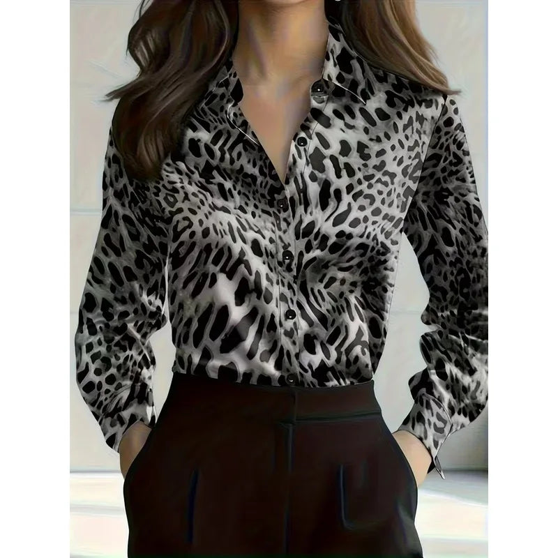 Popular3dPrinted women's satin collared long-sleeve shirt with leopard print, fashionable European and American women's clothing