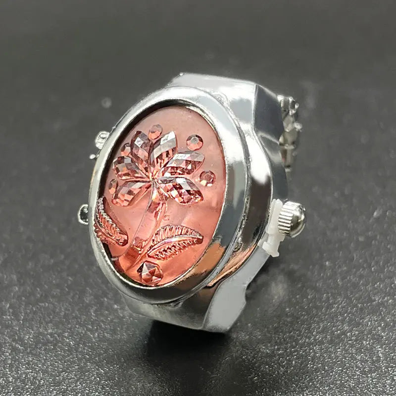 Fashion Women Ring Watch Elliptical Stereo Flower Ladies Clamshell Watches Adjustable Rings Quartz Watches Gifts for Women Ring