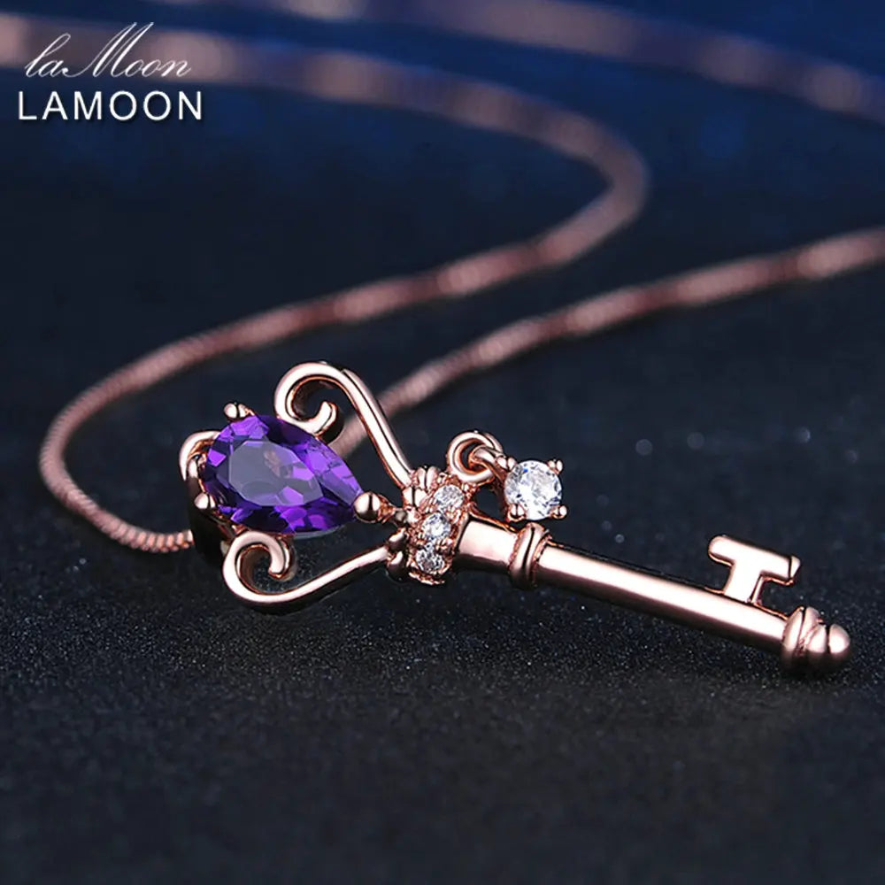 LAMOON Crown Key-hänge 925 sterling silver halsband smycke 0,4 ct ametist ädelstenar halsband roséguldpläterad kedja LMNI004