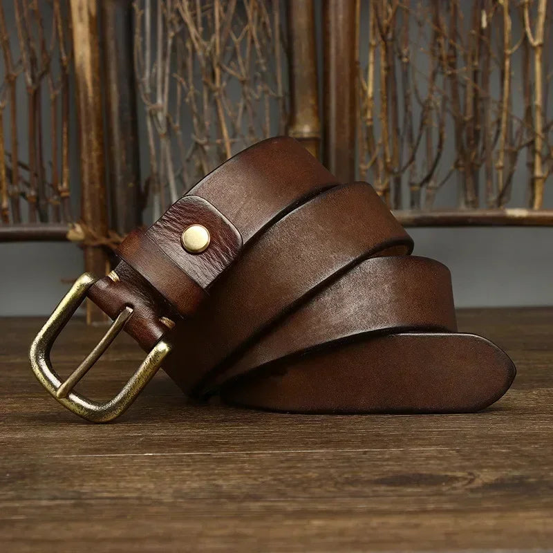 Cinturón de cuero genuino de 3.3 cm para hombre, correa de lujo, moda masculina, piel de vaca pura, hebilla de cobre, estilo retro clásico, hebilla de espiga, alta calidad