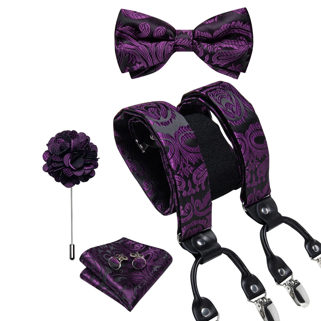 Luxury White Men's Suspenders Adjustable 6 Clips Braces DiBanGu Leather Metal Pre-Tied Bow Tie Brooch Pocket Square Set