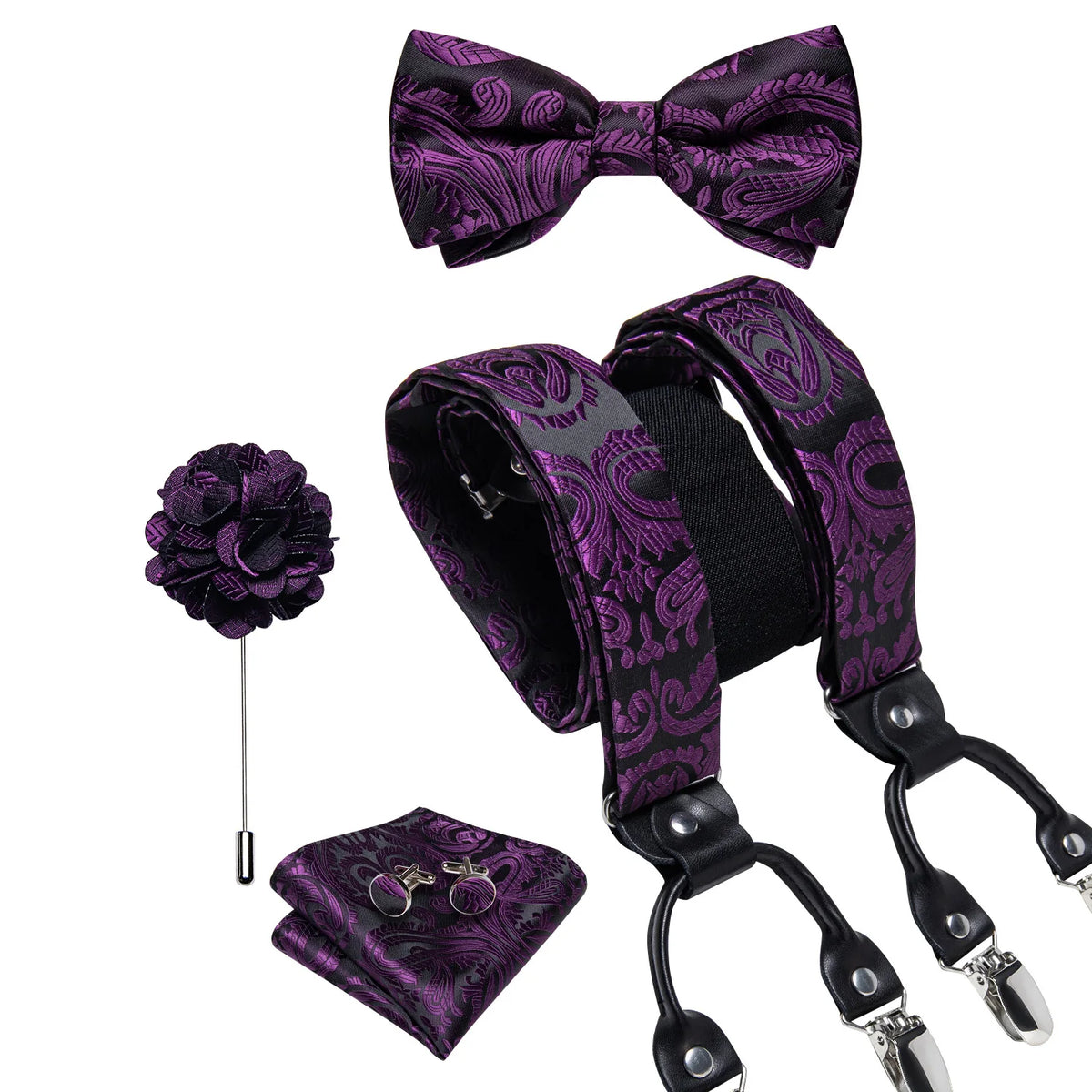 Luxury White Men's Suspenders Adjustable 6 Clips Braces DiBanGu Leather Metal Pre-Tied Bow Tie Brooch Pocket Square Set