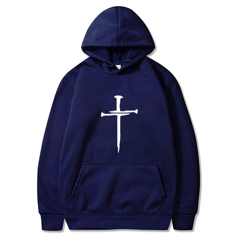 Men's Cross Graphic Hoodie - Black Casual Pullover Sweatshirt With Religious Symbol Print, Fashion Streetwear for Autumn/Winter