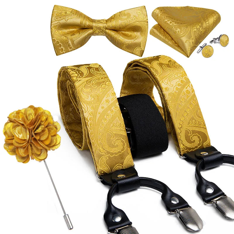 Luxury White Men's Suspenders Adjustable 6 Clips Braces DiBanGu Leather Metal Pre-Tied Bow Tie Brooch Pocket Square Set