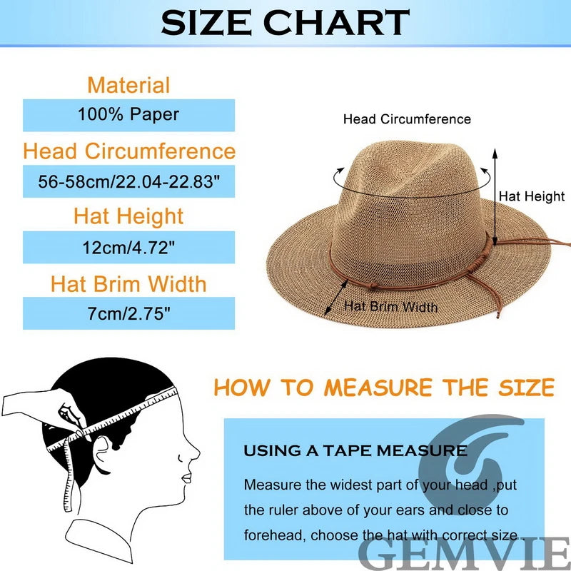 GEMVIE New Summer Hat Panama Hats Hollow Out Straw Hat for Men Women Leather Ribbon Large Brim Sun Beach Hat Jazz Cap Fedora