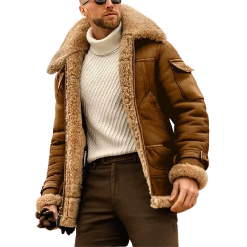 Winter Faux Leather Jackets Men Fleece Turn Down Collar Motorcycle Coat Solid Male Warm Thick Windproof Zipper Casual Outwear