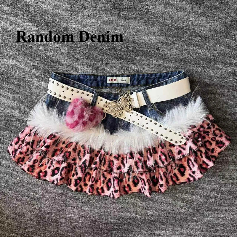 Damska spódnica mini z denimu w lamparcie łaty, wysoki stan, dopasowany krój