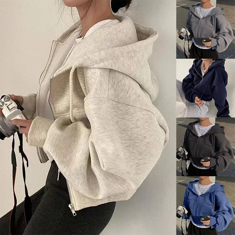 2024 Spring Autumn New Insfleece-Lined Versatile Cropped Slims Smooths Silhouette Zip-Up Warm Navy Blue Hooded Sweatshirt Women