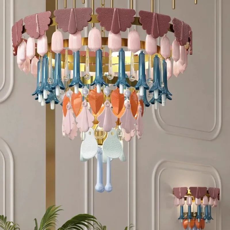 Vintage Ceramic Color Chandelier Macaron Crystal Pendant Light for Bedroom Living Room Hotel Creative Glass Art LED Pendant Lamp