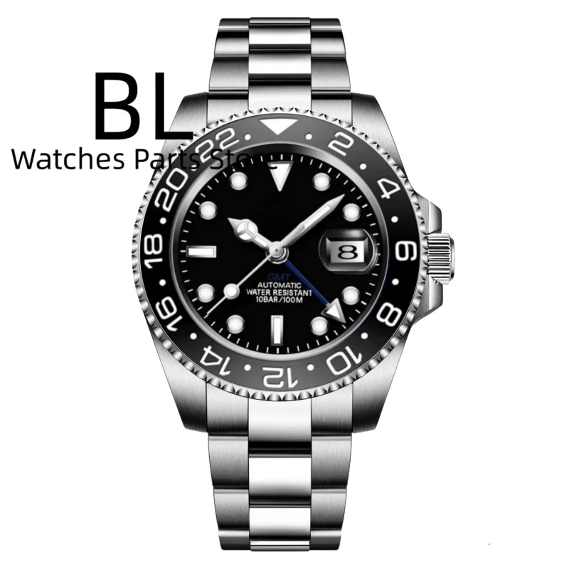 BLIGER 40mm Customizable Logo Blue GMT Watch for Men Black White Dial Green Luminous Sapphire Glass Waterproof Reloj Hombre Date