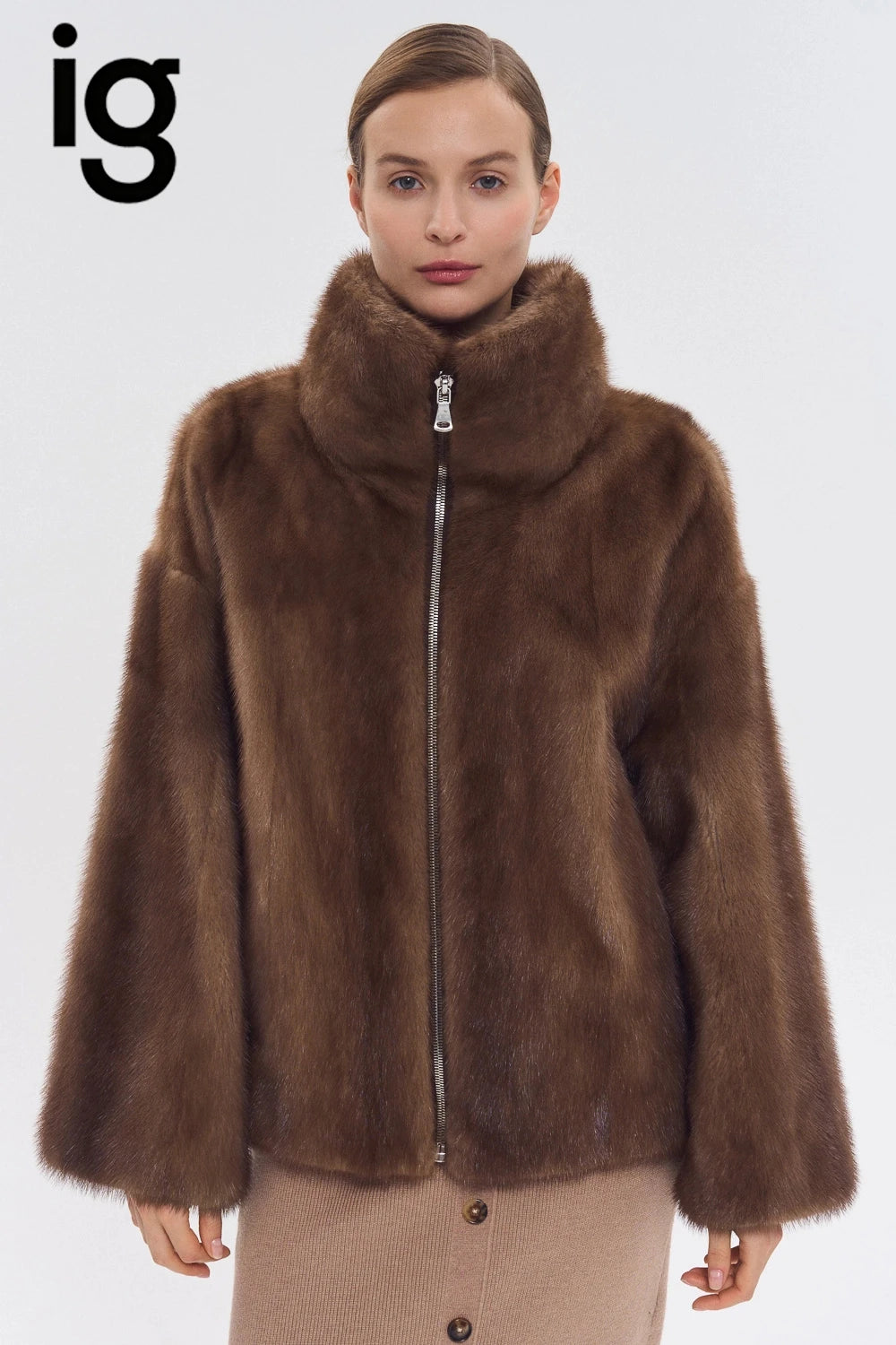 Women Faux Mink Fur Jacket High Collar Long Sleeve Casual Coat