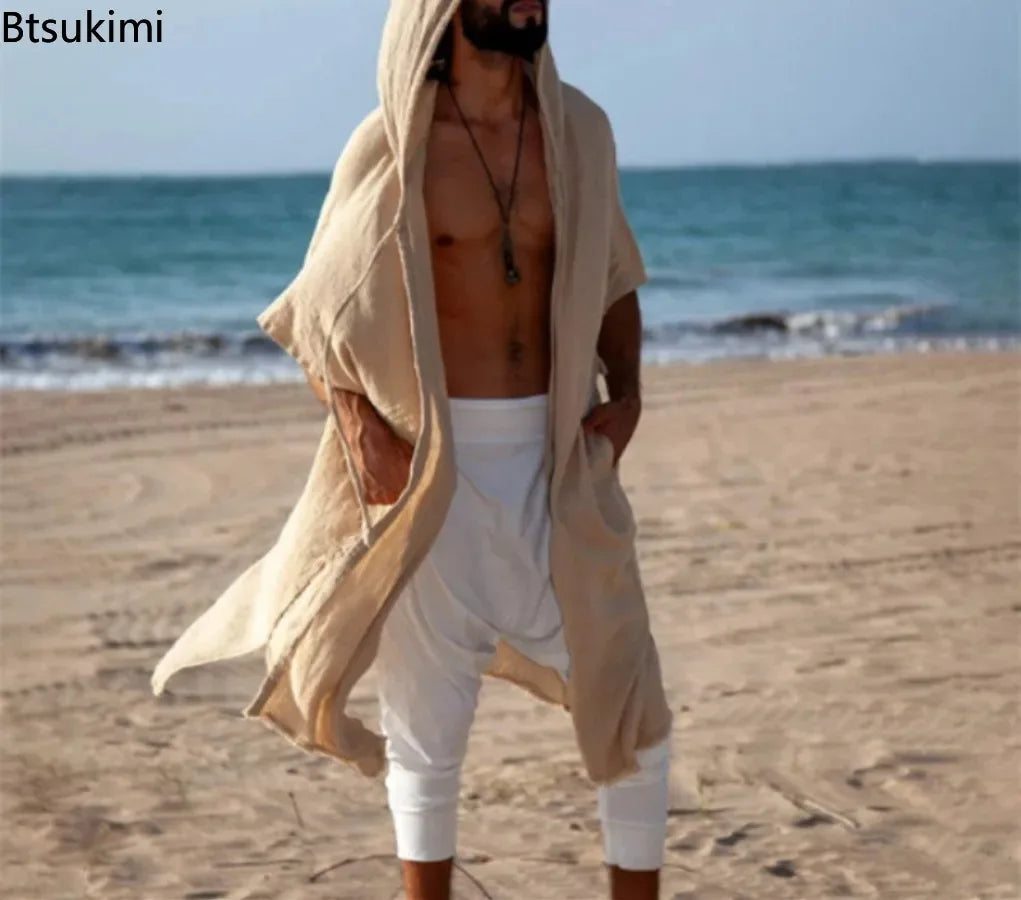 2026 Men's Summer Mid-Length Cardigans Loose Casual Sun Protection Clothes Beach Holiday Style Shawl Coat Male Long Hooded Cape