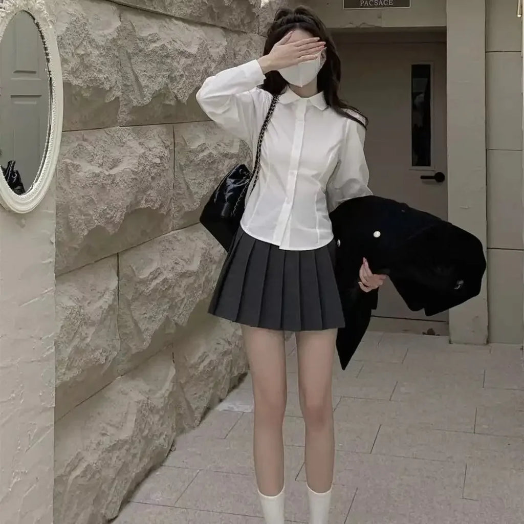 Preppy Bandage Basic White Shirt Women Slim Long Sleeve Cute Top School Button Down Tunic Shirts Blouse Female Casual Lady