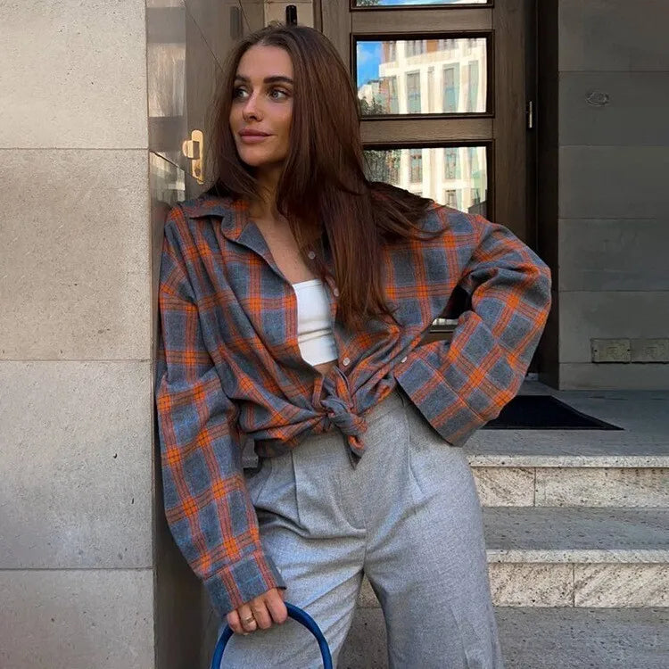 Nowa damska koszula w stylu vintage, oversize, z długim rękawem, w kratę, bluzka, góra, jesień-zima, zapinana na guziki, luźny krój, z kołnierzykiem i kieszenią, styl koreański