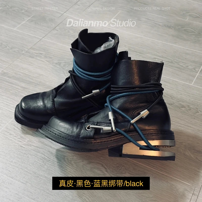 Fashion Men's Genuine Leather Motorcycle Boots Strange Metal Chunky Heel Mid-Calf Round Toe Elastic Band Western Boots Women