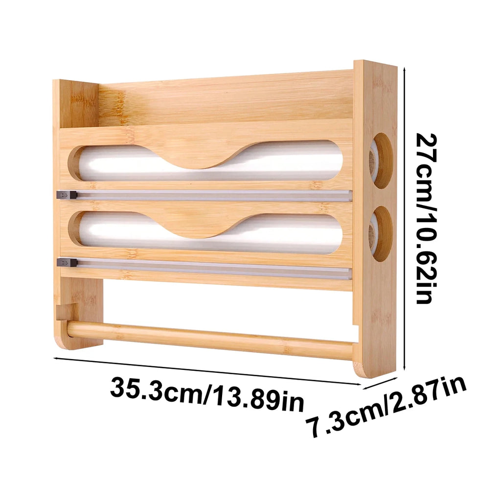 Caja de almacenamiento de bambú de 2 compartimentos con soporte para papel toalla de pared y cortador - Organizador de papel aluminio y plástico para cocina