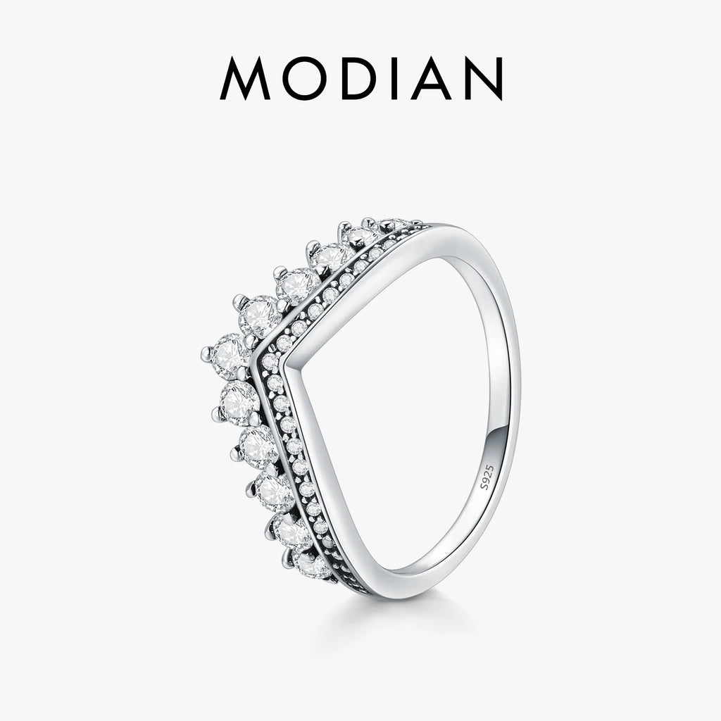 Modian Fashion 100% Real 925 Sterling Zircon Crown Finger Ring Classic Stackable Silver Jewelry for Women Wedding Christmas Gift