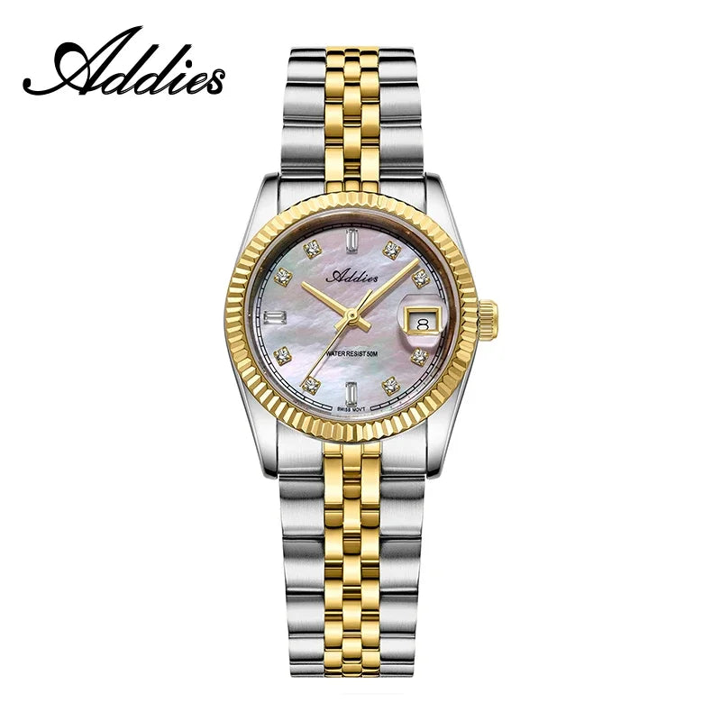 Reloj de lujo para mujer ADDIES de 28 mm, cristal de zafiro, resistente al agua 50 m, acero inoxidable 316L, reloj de cuarzo para negocios para mujer