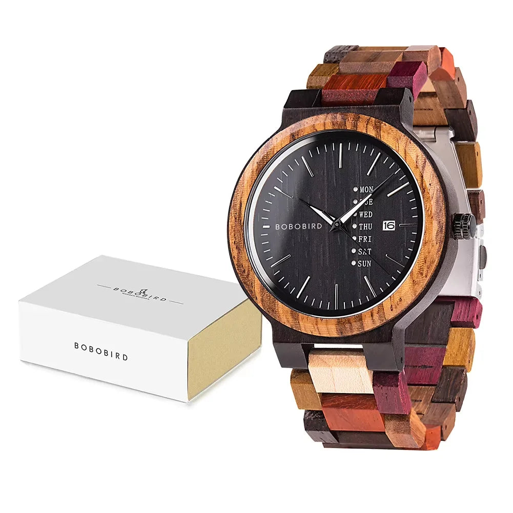 BOBO BIRD Wood Watch Men Women Quartz Week Date Couple Timepiece Colorful Wooden Band Logo Customize Gift Box