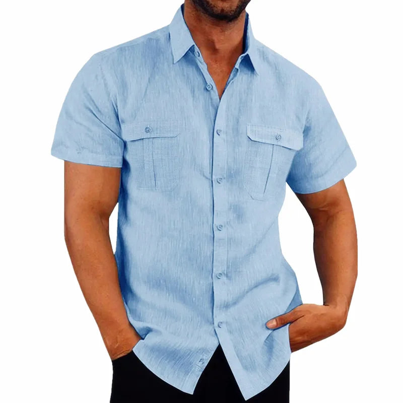 Herrskjortor i linne på rea – kortärmade, enfärgade sommarskjortor med bekväm krage i ledig strandstil, stora storlekar M–4XL
