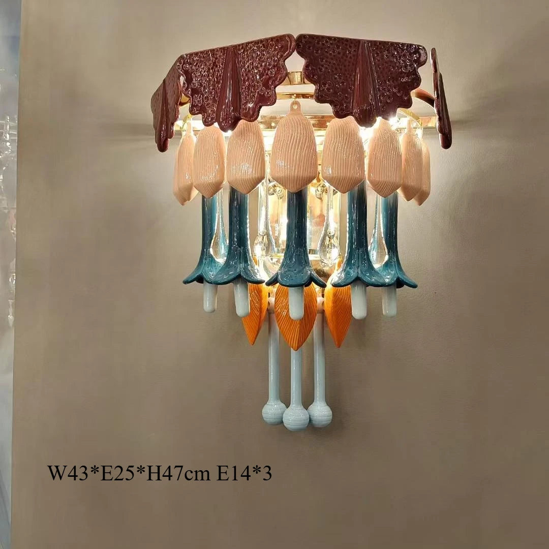 Vintage Ceramic Color Chandelier Macaron Crystal Pendant Light for Bedroom Living Room Hotel Creative Glass Art LED Pendant Lamp