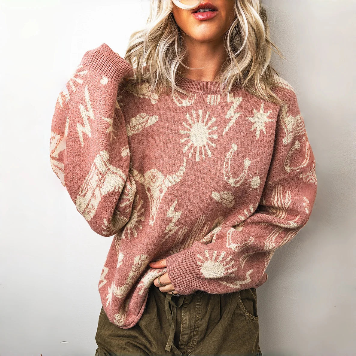 Vintage Women's Oversized Jacquard Floral Knit Pullover Sweater
