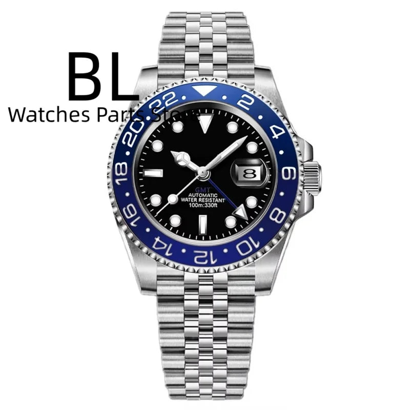 BLIGER 40mm Customizable Logo Blue GMT Watch for Men Black White Dial Green Luminous Sapphire Glass Waterproof Reloj Hombre Date