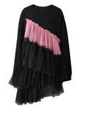 Women Balck Mesh Ruffles Irregular Big Size Mini Dress New Round Neck Long Sleeve Fashion Tide Spring Autumn 2026 CPG3045