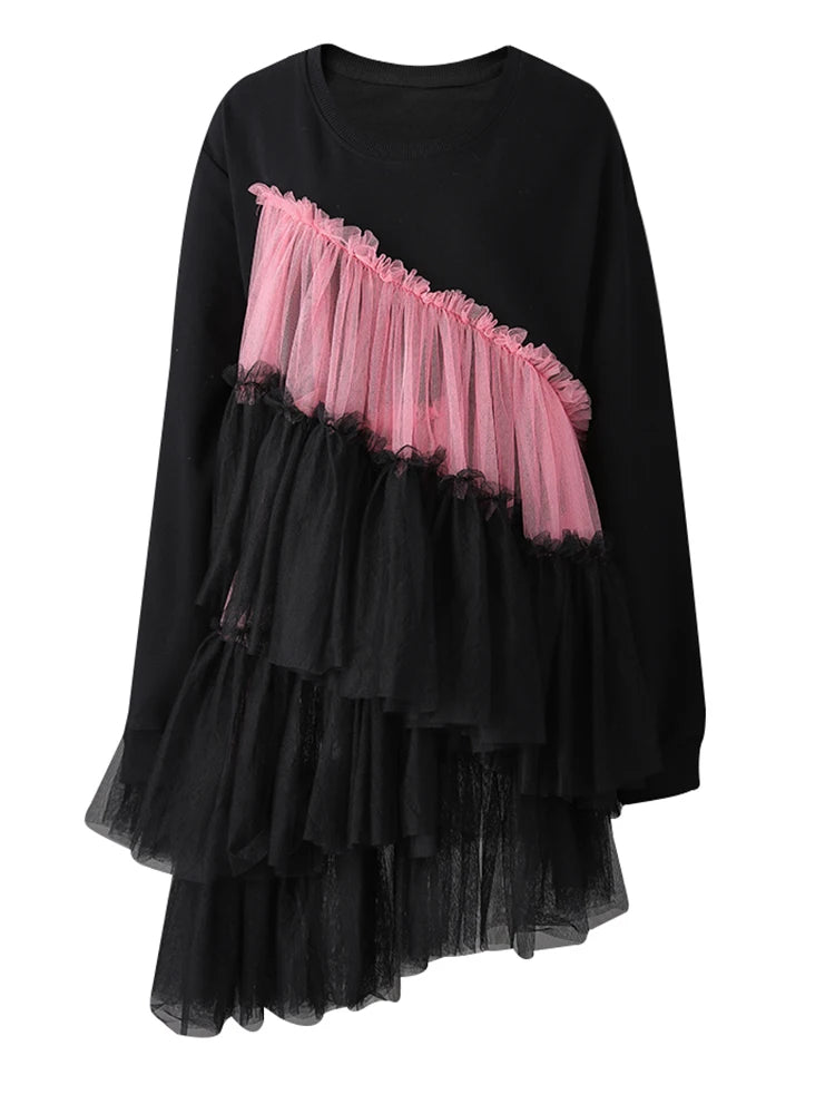 [EAM] Women Balck Mesh Ruffles Irregular Big Size Mini Dress New Round Neck Long Sleeve Fashion Tide Spring Autumn 2026 CPG3045