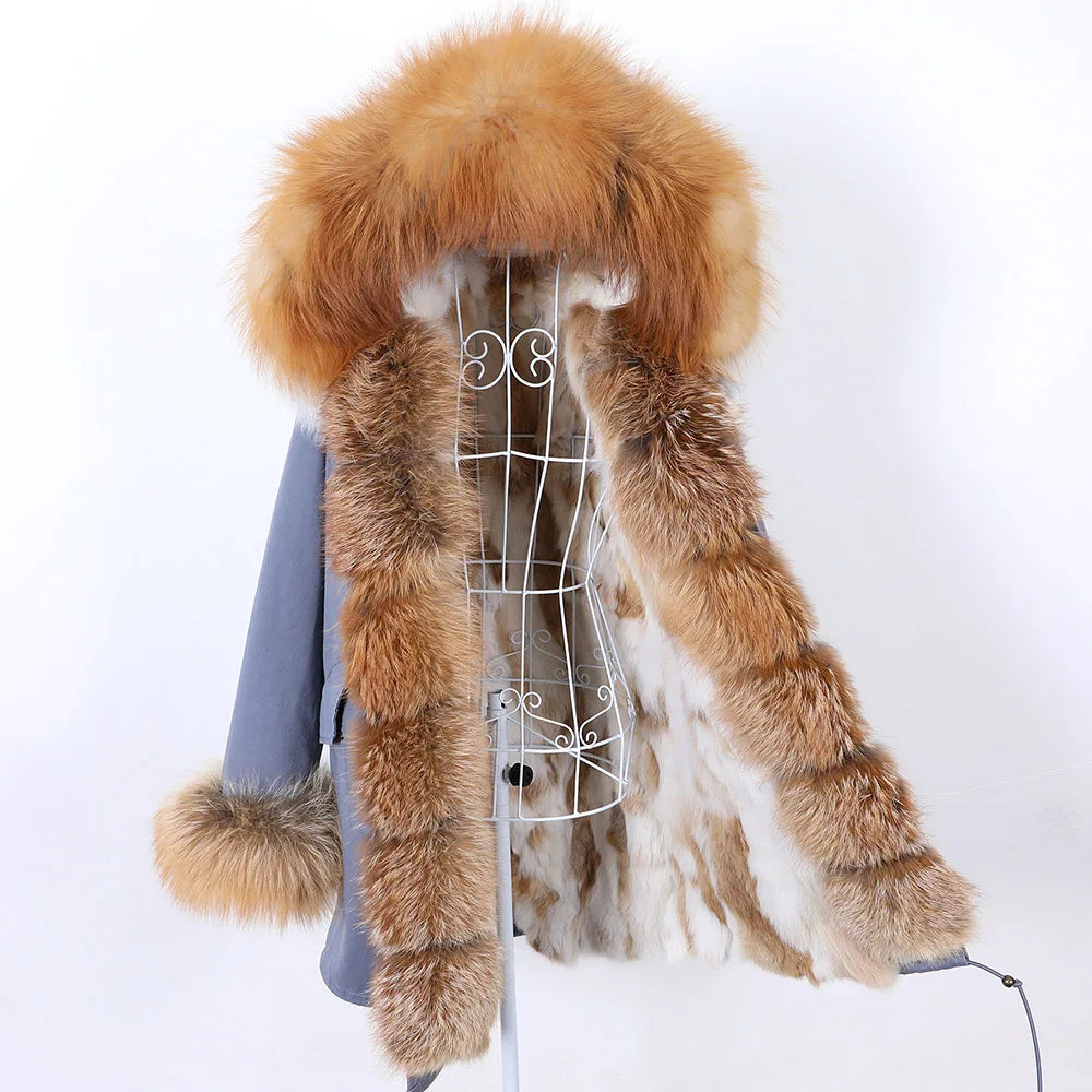MAOMAOKONG 2026 Removable Real Fox Fur Collar Coats Woman Winter Jacket Hooded Rabbit Fur Lining Long Parkas Female Clothes