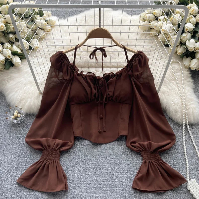 French Chic Halter Blouses Femininas Bow Flare Sleeve Short Tops Dames HighStreet Blusa Mujer Casual Shirts Clothes Dropshipping