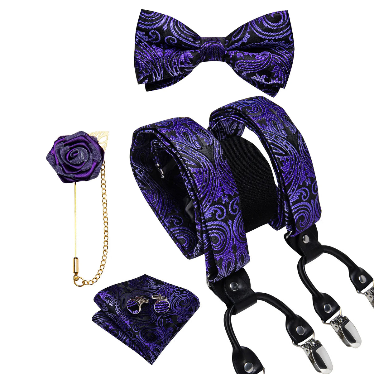 Luxury White Men's Suspenders Adjustable 6 Clips Braces DiBanGu Leather Metal Pre-Tied Bow Tie Brooch Pocket Square Set