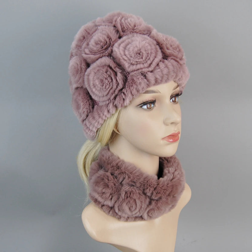 Damen Strick-Set aus echtem Rexkaninchenfell, Mütze und Schal, natürlicher warmer Rexkaninchenfell-Schal, Wintermütze für Damen, Set aus echtem Rexkaninchenfell