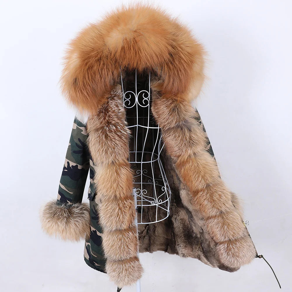 MAOMAOKONG 2026 Removable Real Fox Fur Collar Coats Woman Winter Jacket Hooded Rabbit Fur Lining Long Parkas Female Clothes