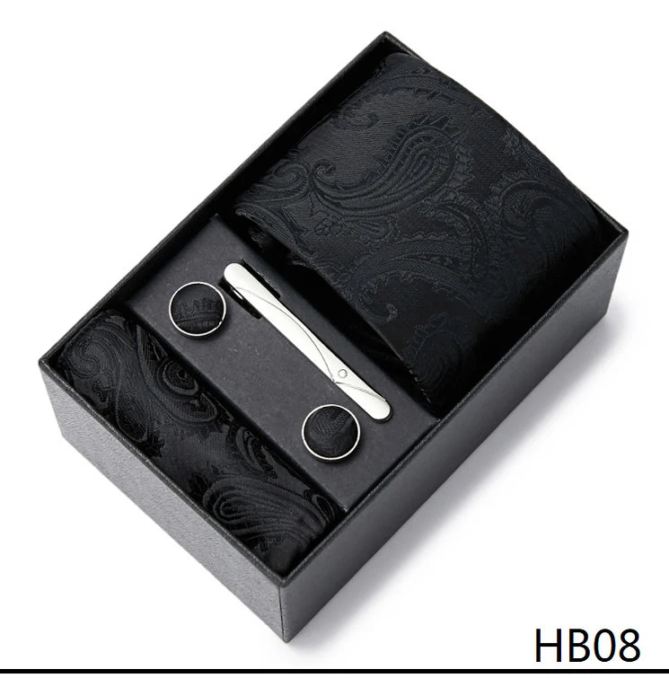 2023 Mode 7,5 cm breite Krawatten-Sets, schwarze Herren-Krawatte, Einstecktuch, Manschettenknöpfe, Krawattenklammer, Box, Hochzeitsgeschenk, handgefertigte Krawatte, Arbeitskleidung