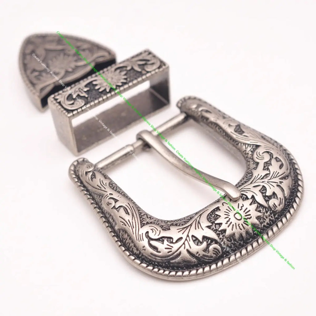 Heavy Duty Cowboy Western Floral Engraved Antique Silver Belt Buckle Set 1-1/2"