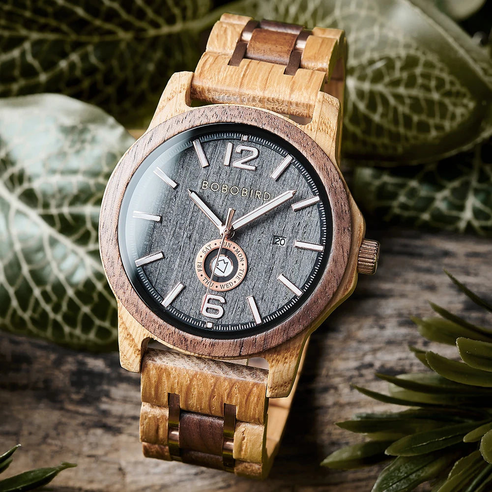 Wooden  Men's Watches BOBOBIRD New Fashion Japanese Movement Quartz Wristwatch Week Date Display Custom Name Brand Great Gift
